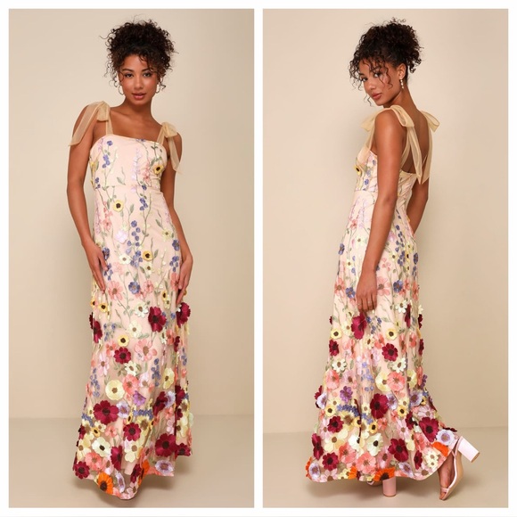 Lulus Thriving Poise Blush 3D Floral Embroidered Tie-StrapMaxi Dress